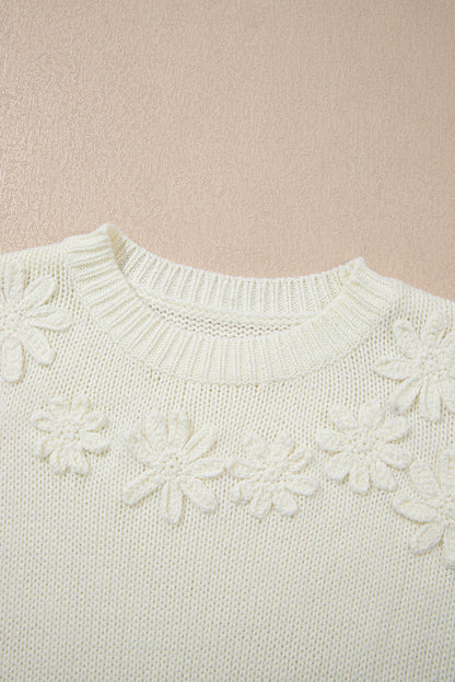 White Flower Detail Round Neck Contrast Textured Puff Sleeve Sweater