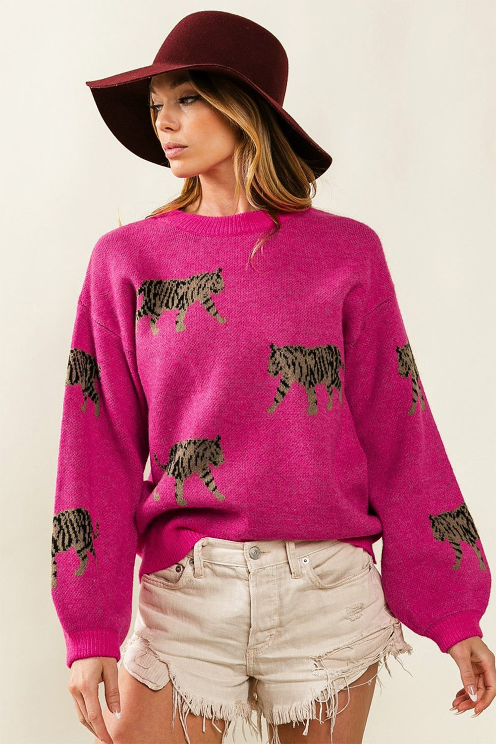 Fierce Leopard Print Rose Red Knit Sweater for Casual Chic