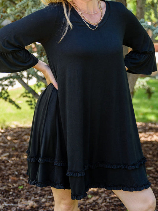 Black Plus Size Ruffled Trim 3/4 Sleeve Dress