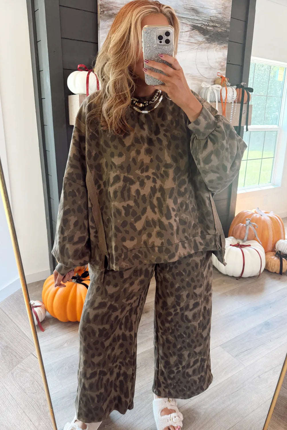 Brown Leopard Print Raw Seam Patchwork Pullover Drawstring Loose Pant Set