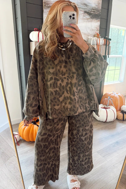 Brown Leopard Print Raw Seam Patchwork Pullover Drawstring Loose Pant Set