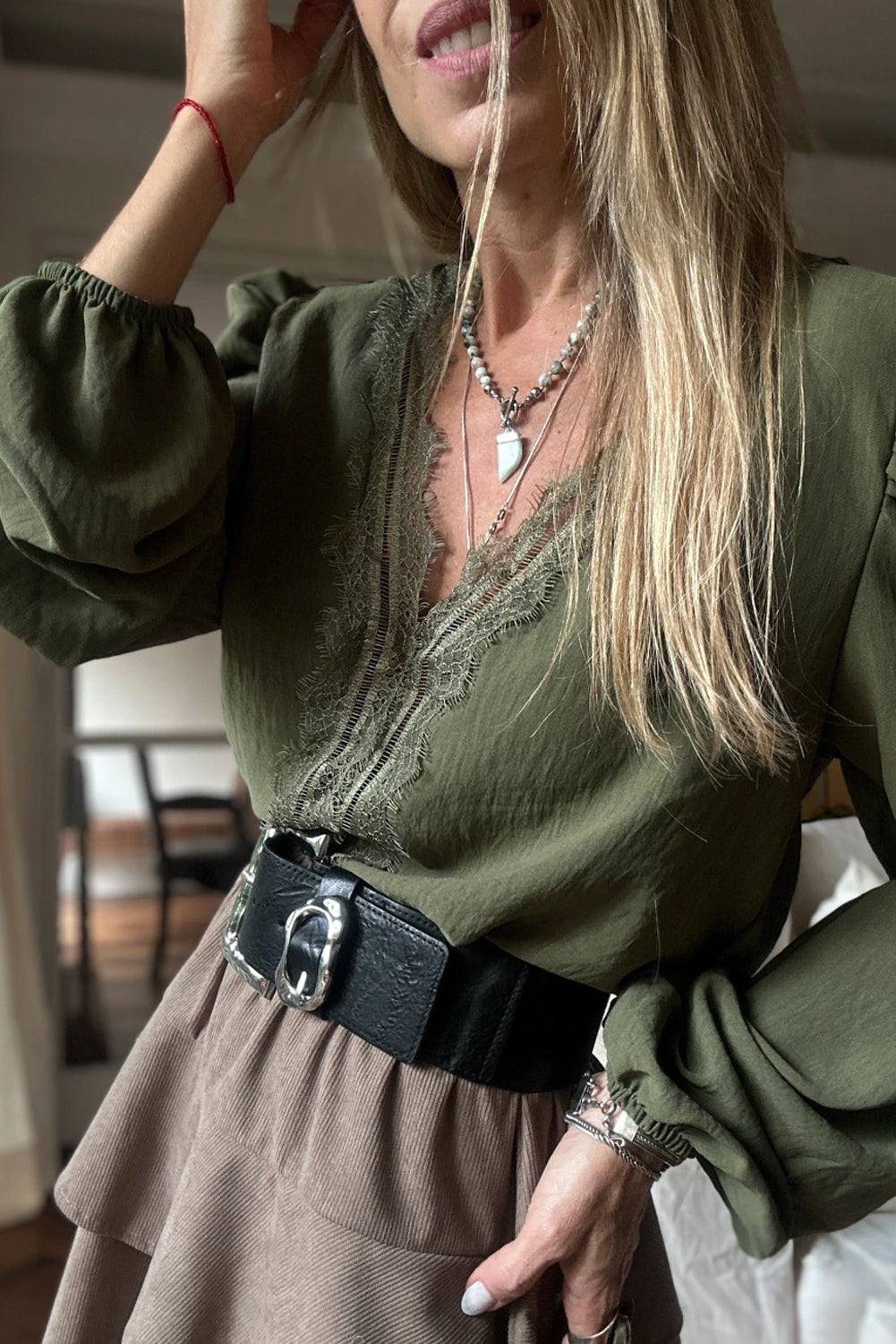 Grass Green Eyelash Patched V Neckline Puff Sleeve Blouse