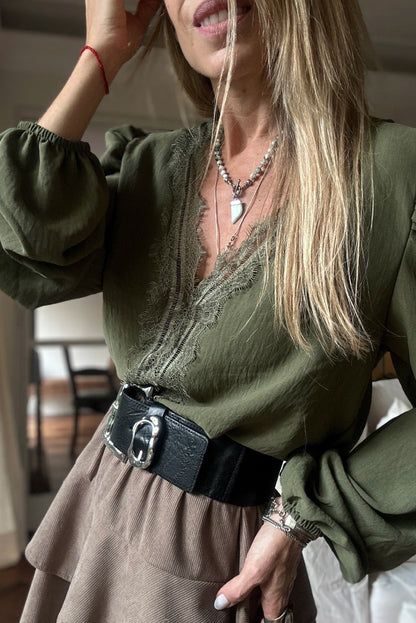 Grass Green Eyelash Patched V Neckline Puff Sleeve Blouse