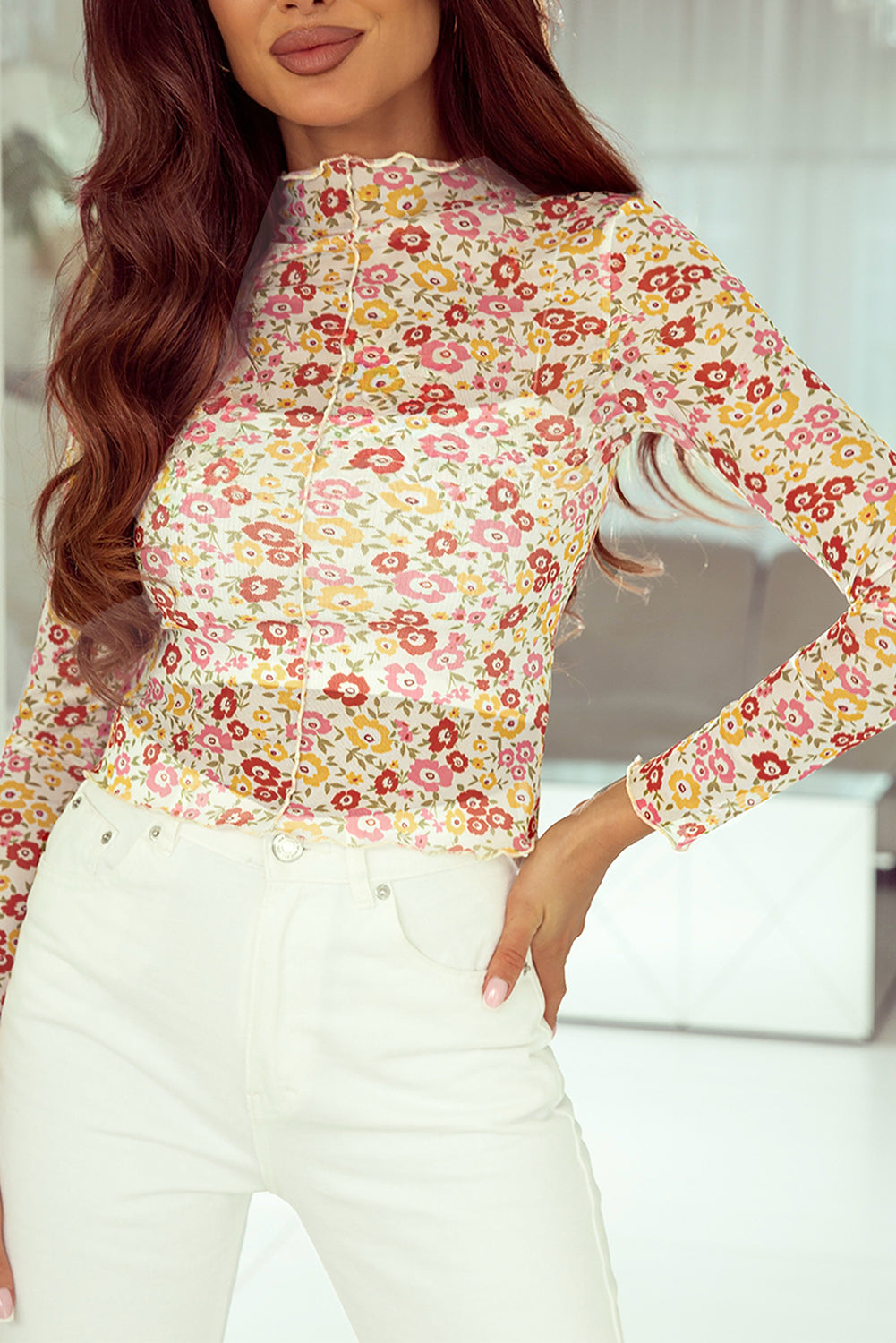 Floral Print Lettuce Hem Long Sleeve Top with Multicolor Design
