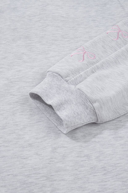 Light Grey Girly Bow Embroidered Puff Sleeve Pullover Loose Shorts Plus 2pcs Outfit