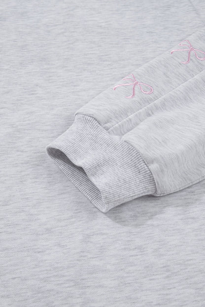 Light Grey Girly Bow Embroidered Puff Sleeve Pullover Loose Shorts Plus 2pcs Outfit