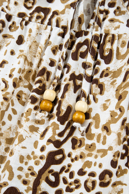 Khaki Leopard Print Long Sleeve Bead Tie V Neck Blouse