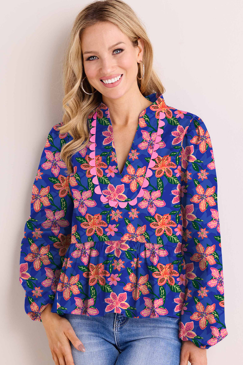 Dark Blue Floral Ricrac Trim Puff Sleeve Peplum Top