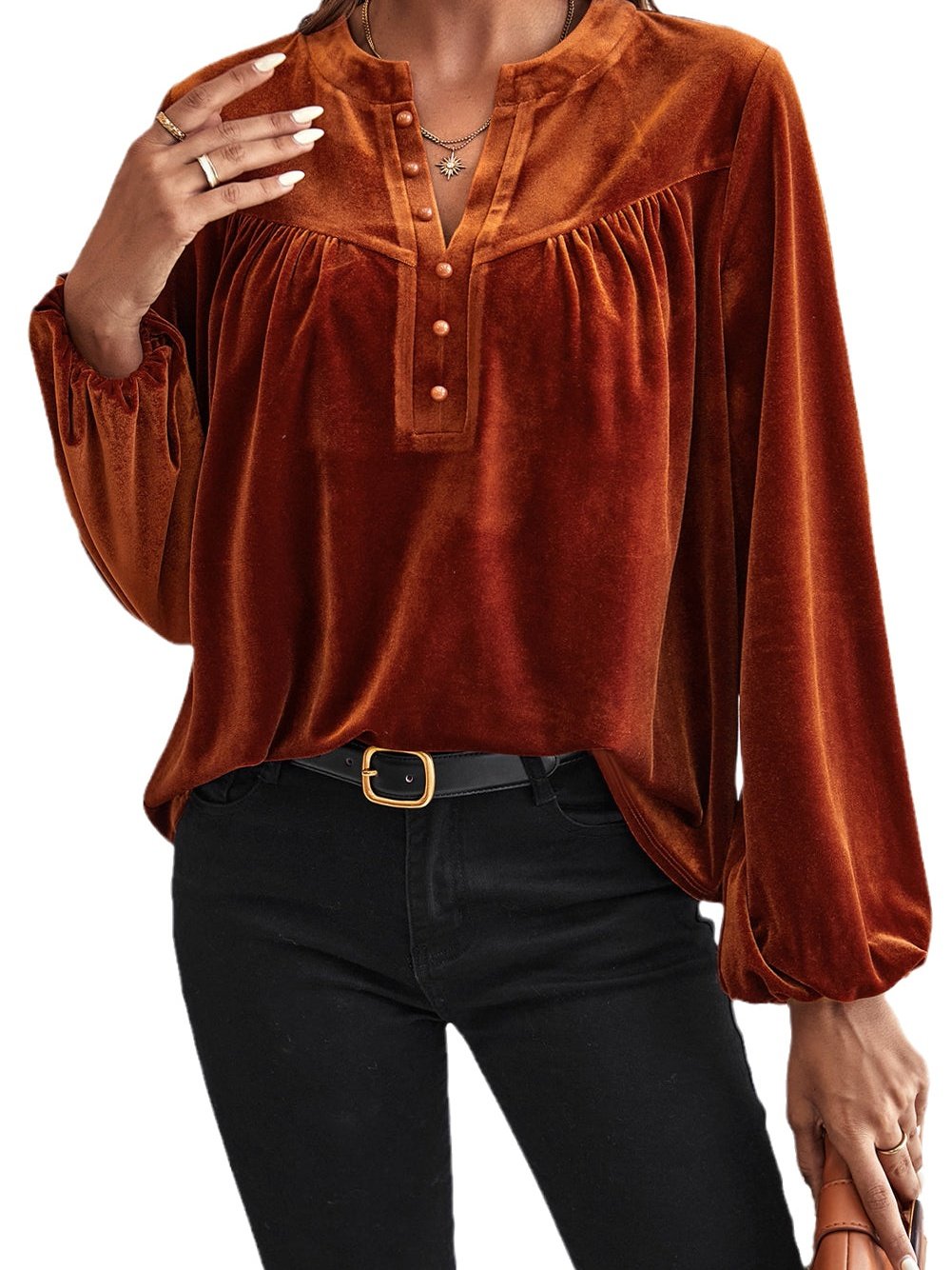 Golden Flare Lantern Sleeve Embellished Split V-Neck Velvet Blouse