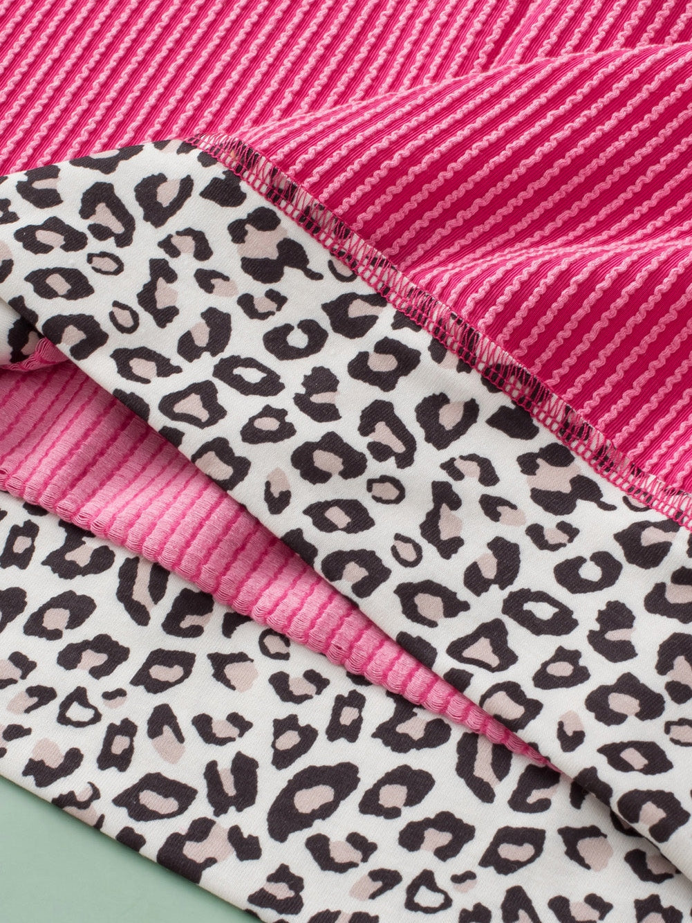 Rose Red Leopard Trim V Neck Short Sleeve Plus Size Corded Top