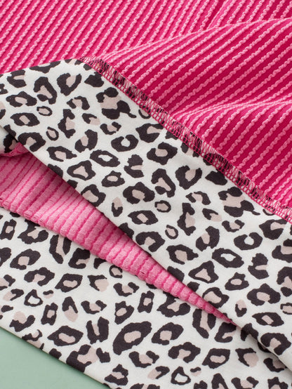 Rose Red Leopard Trim V Neck Short Sleeve Plus Size Corded Top