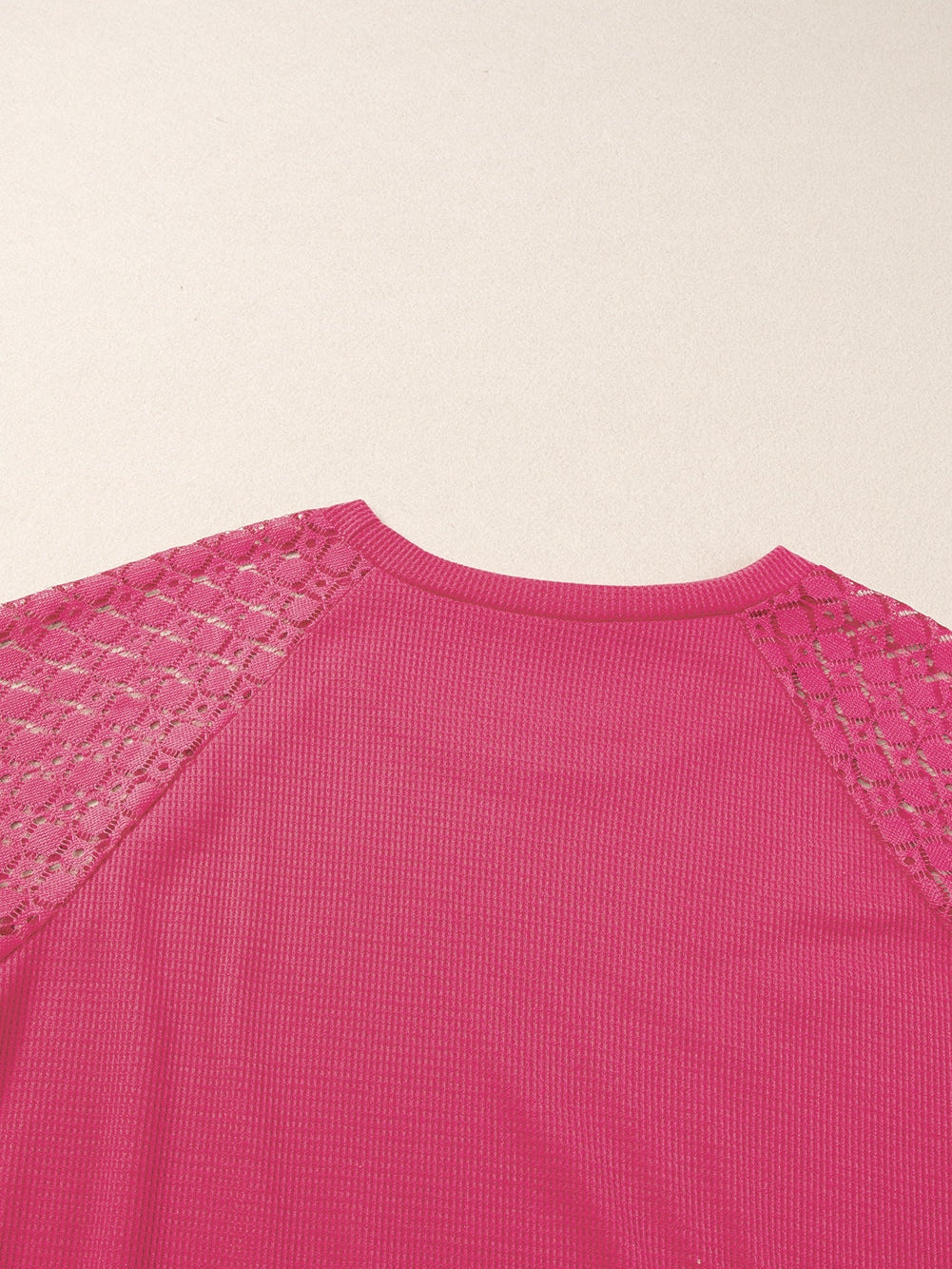 Strawberry Pink Plus Size Contrast Lace Sleeve Waffle Knit Top