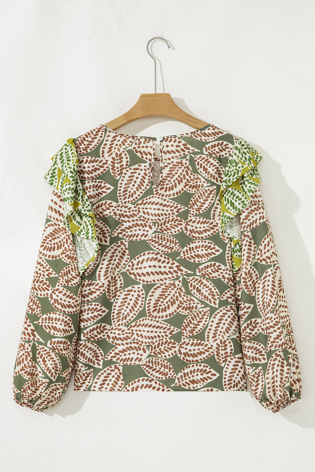 Green Abstract Leafy Print Contrast Ruffle Trim Long Sleeve Blouse
