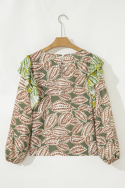 Green Abstract Leafy Print Contrast Ruffle Trim Long Sleeve Blouse
