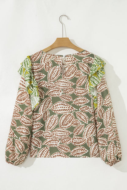 Green Abstract Leafy Print Contrast Ruffle Trim Long Sleeve Blouse