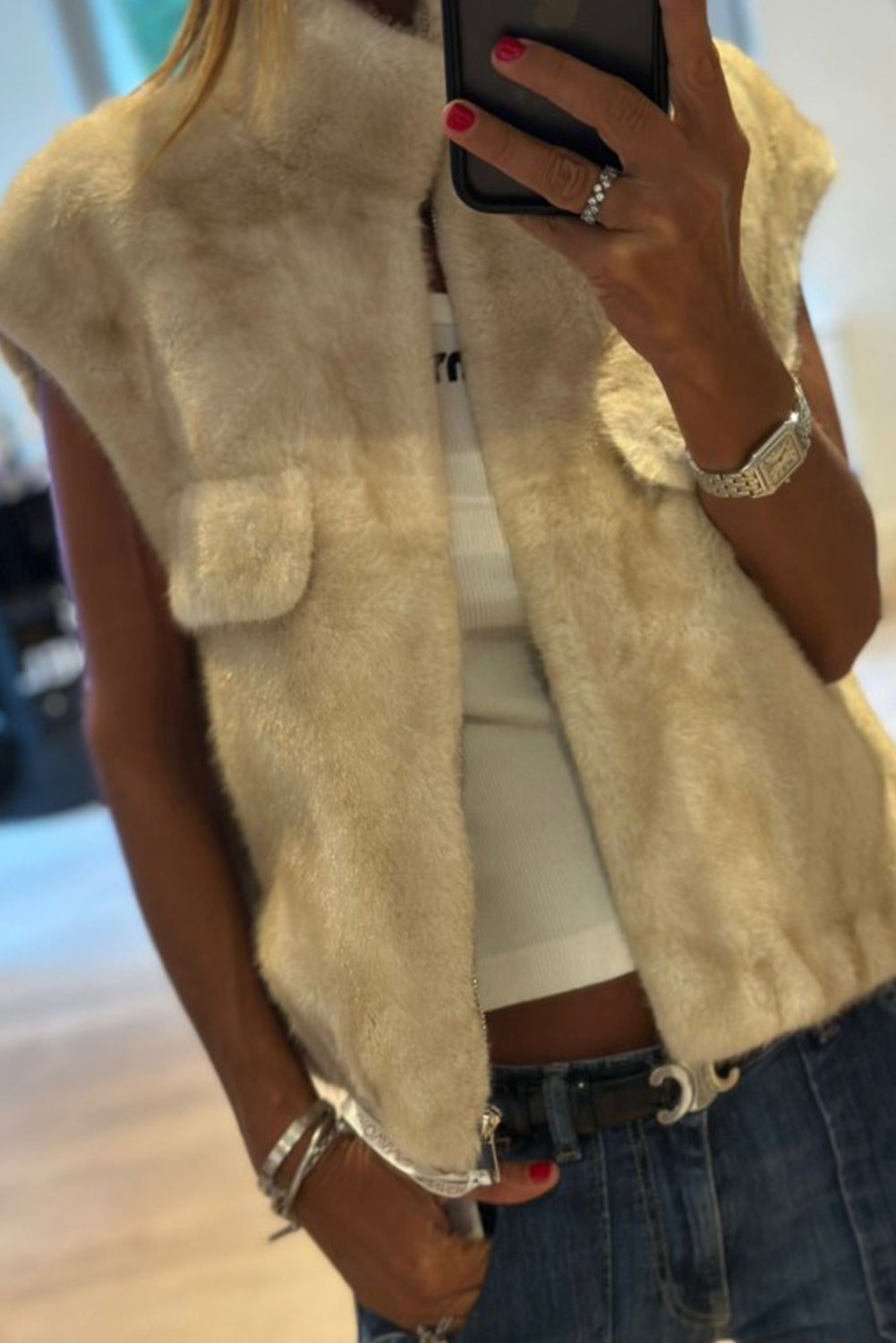 Tan Faux Fur Stand Neck Zip Up Winter Vest