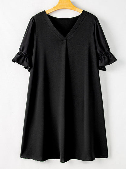 Black Solid Ruffled Puff Sleeve V Neck Plus Size Mini Dress