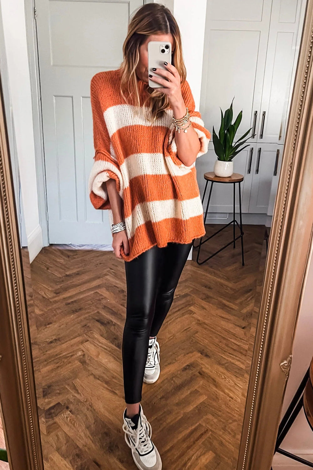 Orange Stripe High Neck Oversized Knit Tunic Sweater
