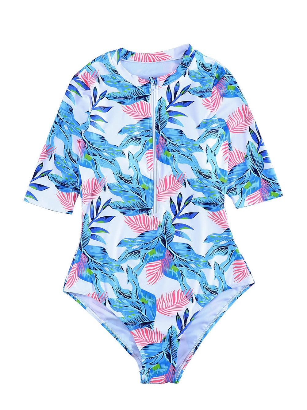 Floral Print Zip Front Half Sleeve Beach One Piece Swimsuit