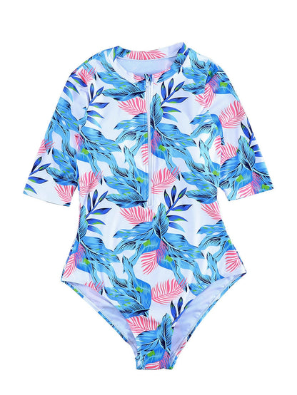 Floral Print Zip Front Half Sleeve Beach One Piece Swimsuit