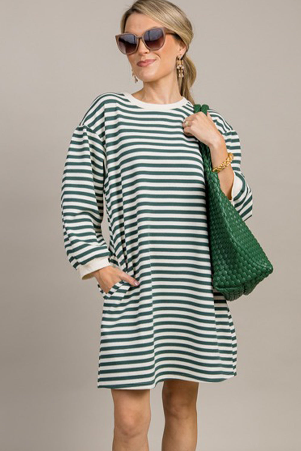 Green Stripe Puffy Bracelet Sleeve Shift Mini T Shirt Dress