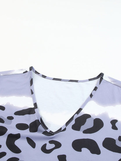 Leopard Color Block V Neck Plus Size T Shirt Dress