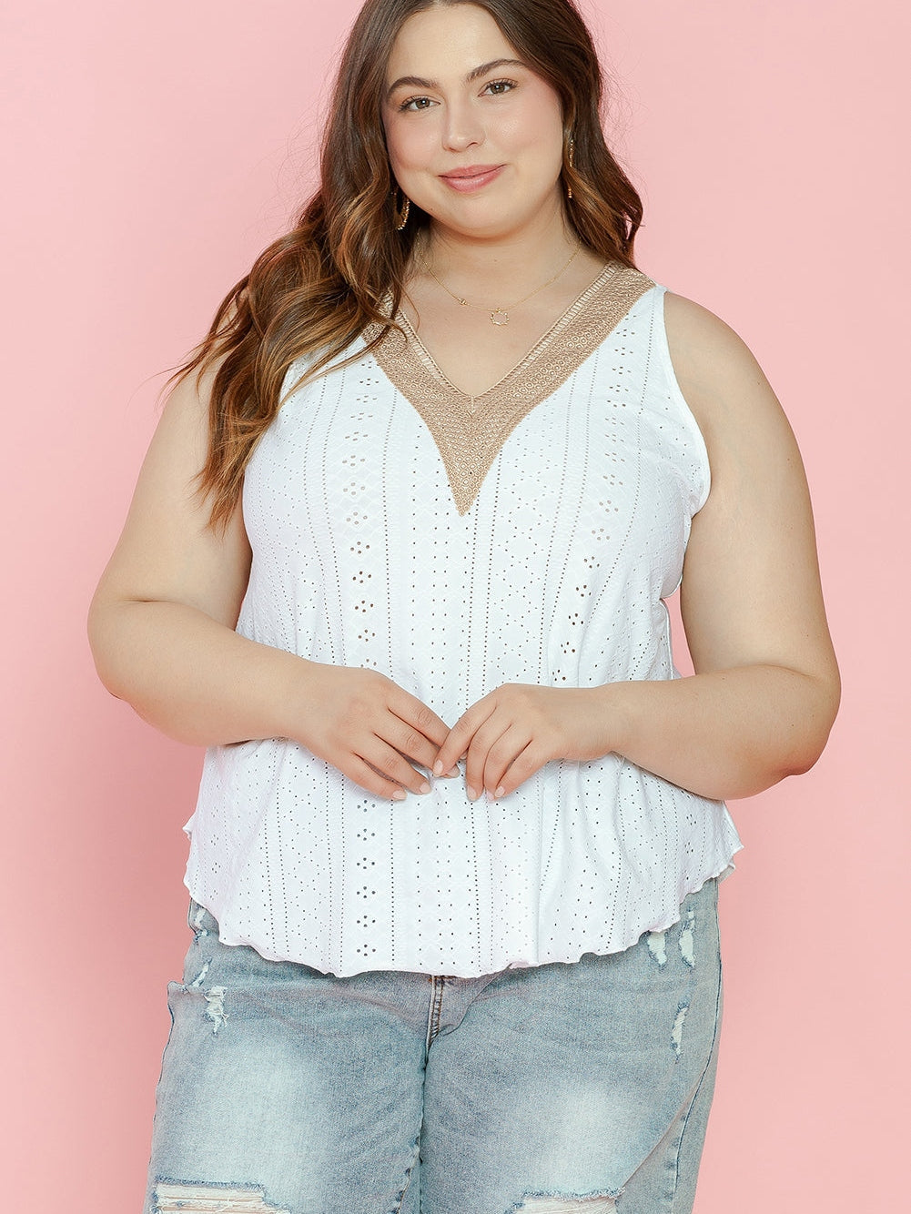 White Plus Size Guipure V Neck Eyelet Lace Tank Top