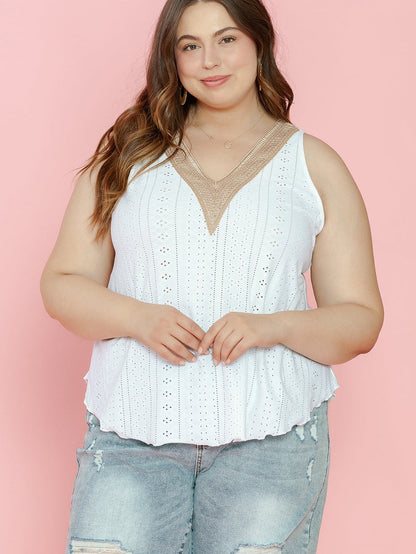 White Plus Size Guipure V Neck Eyelet Lace Tank Top