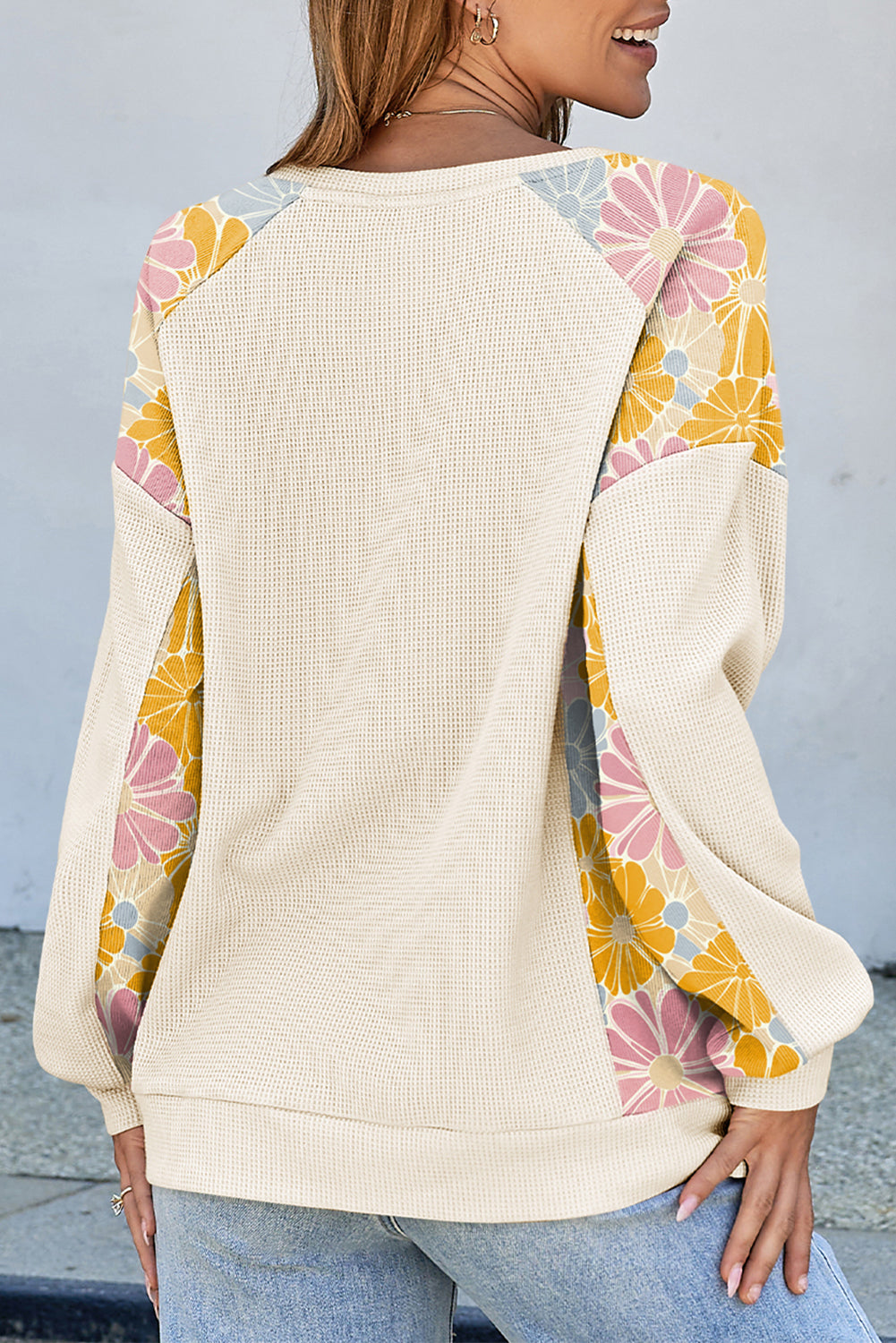 Beige Waffle Mix Texture Floral Patchwork Long Sleeve Loose Top