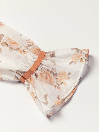 Golden Floral Patchwork Ruffled Cuff Cable Knit Sweater with Elegant Southern Belle Style