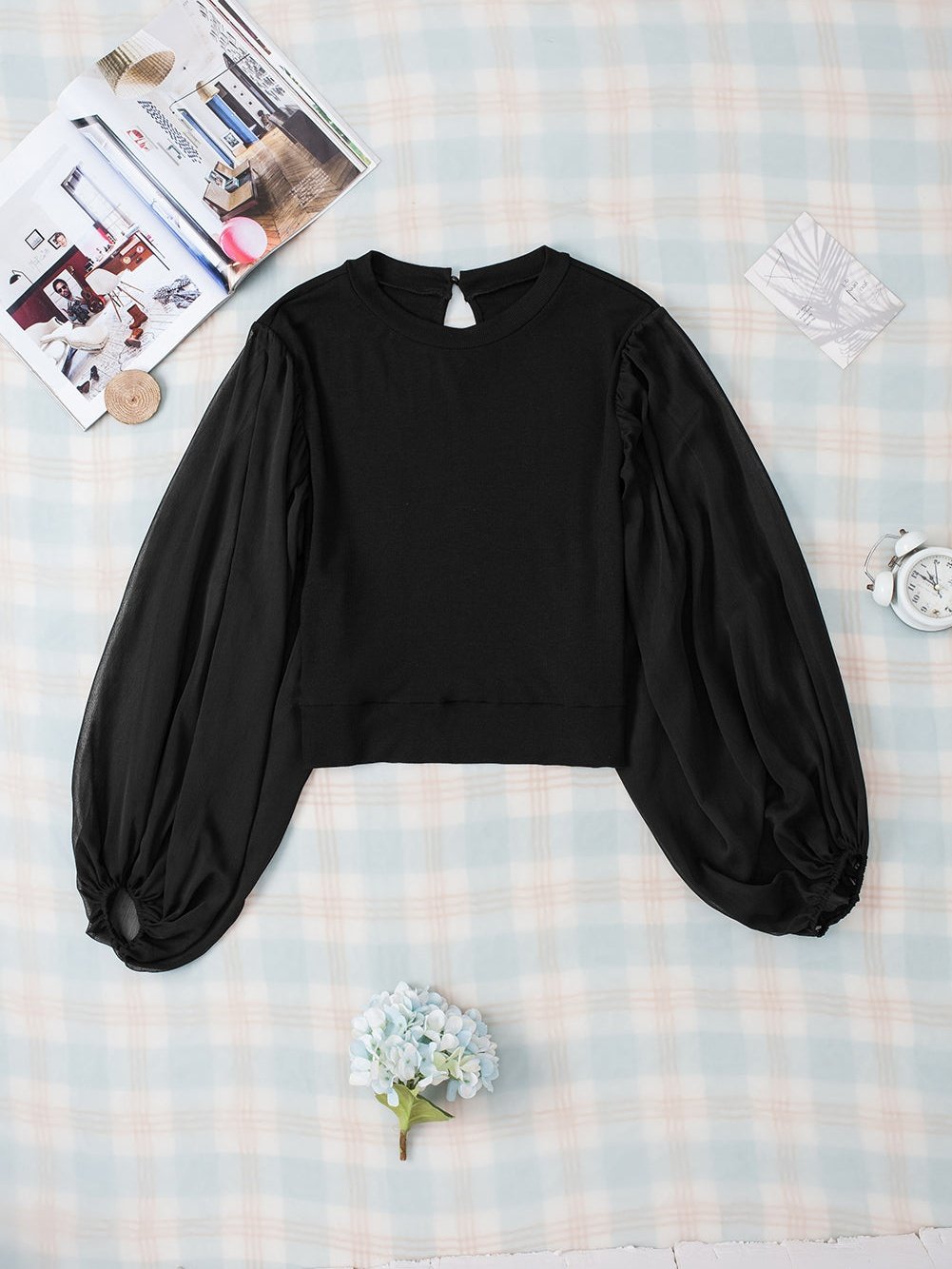 Elegant Black Mesh Puff Sleeve Ribbed Top
