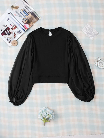 Elegant Black Mesh Puff Sleeve Ribbed Top