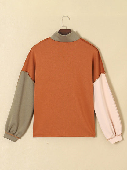 Khaki Zippered V-Neck Color Block Sweatshirt