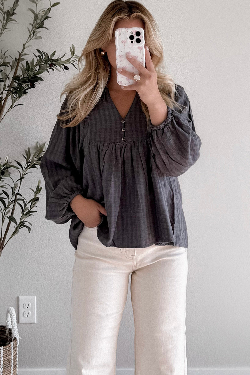 Dark Grey Striped Print Collared Button V Neck Long Puff Sleeve Peplum Blouse