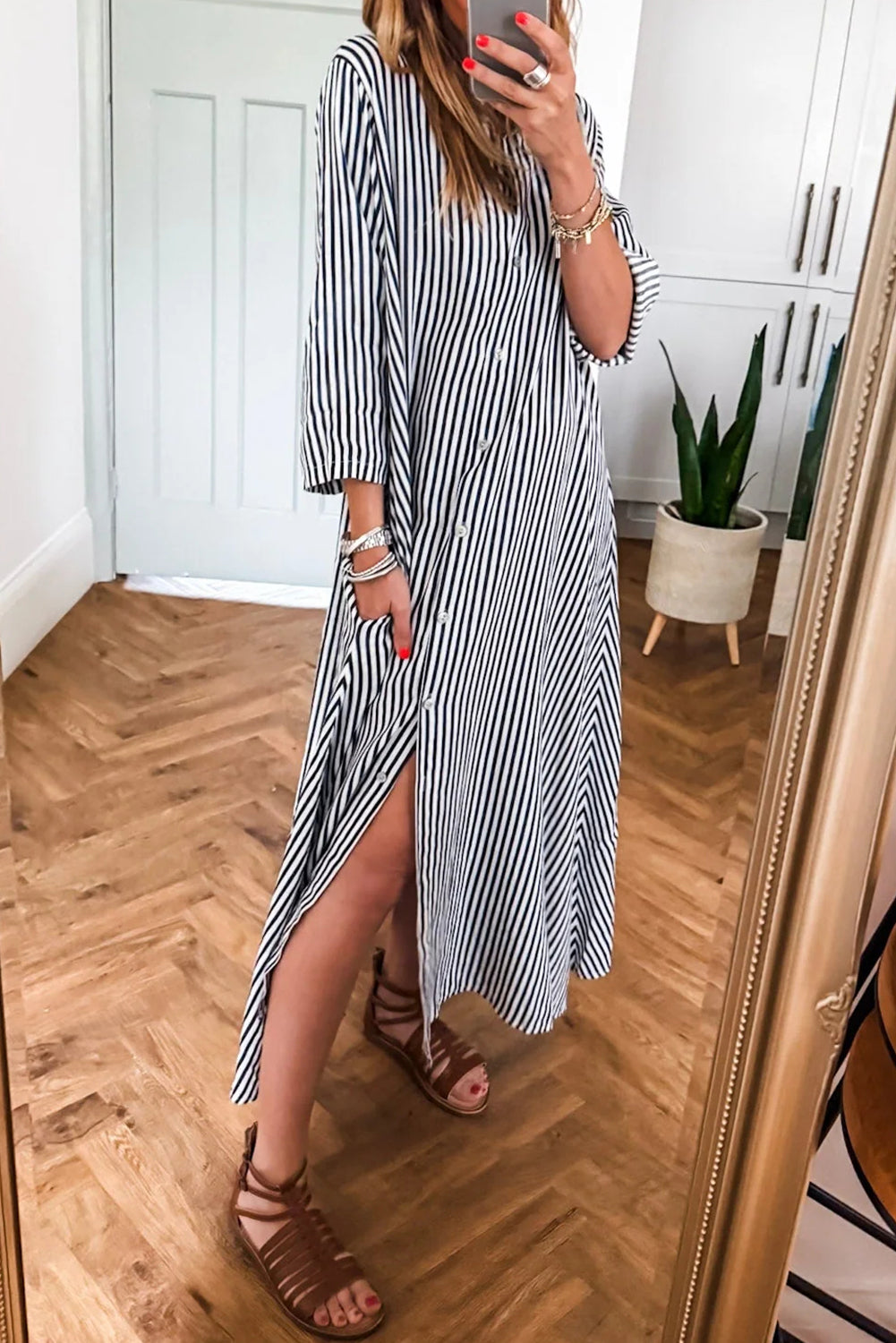 Black Stripe Side Pockets Buttoned Loose Fit Maxi Dress