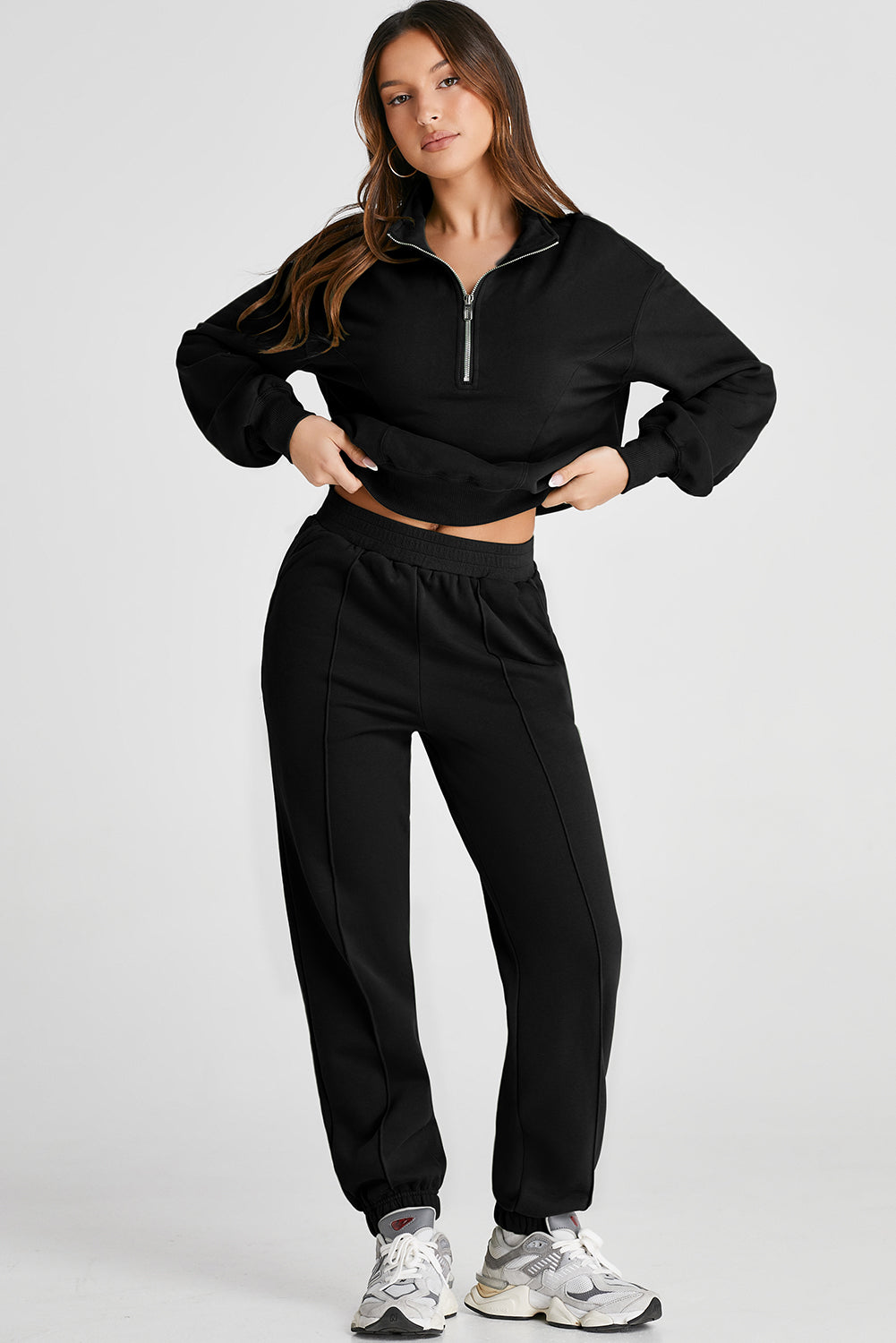 Black Half Zip up Pullover Active Top and Joggers Set