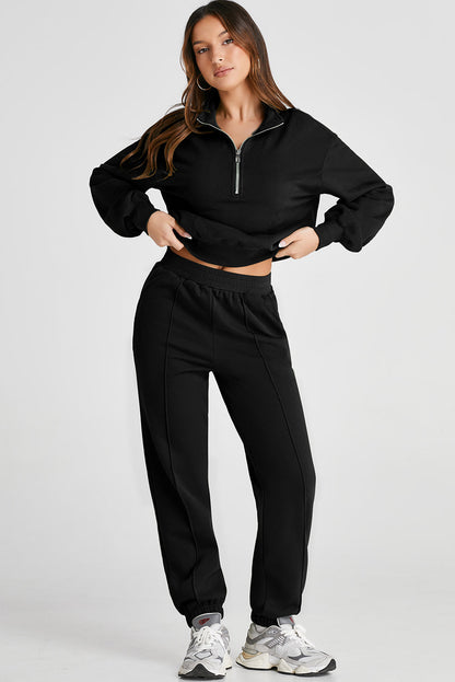 Black Half Zip up Pullover Active Top and Joggers Set
