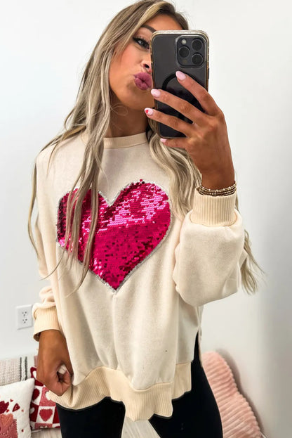Beige Big Sequin Heart Pattern Ribbed Trim Side Slit Sweatshirt