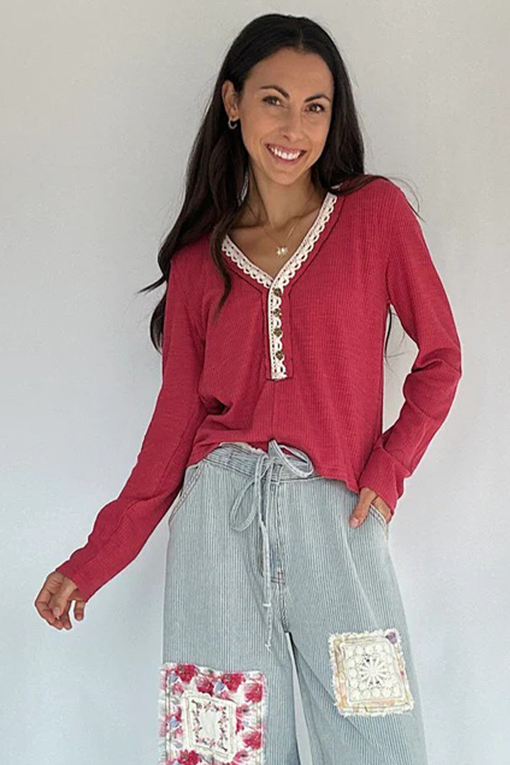 Pitaya Pink Ribbed Knit Long Sleeve Lace Trim V Neck Buttoned Pullover Top