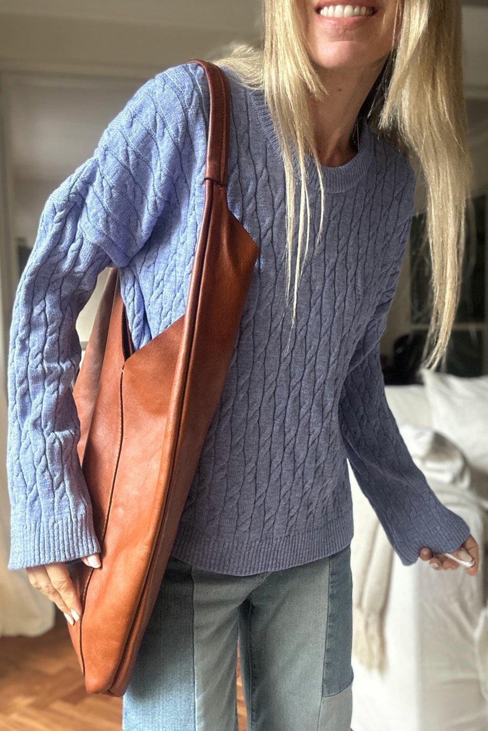 Orchid Petal Drop Shoulder Cable Knit Round Neck Sweater