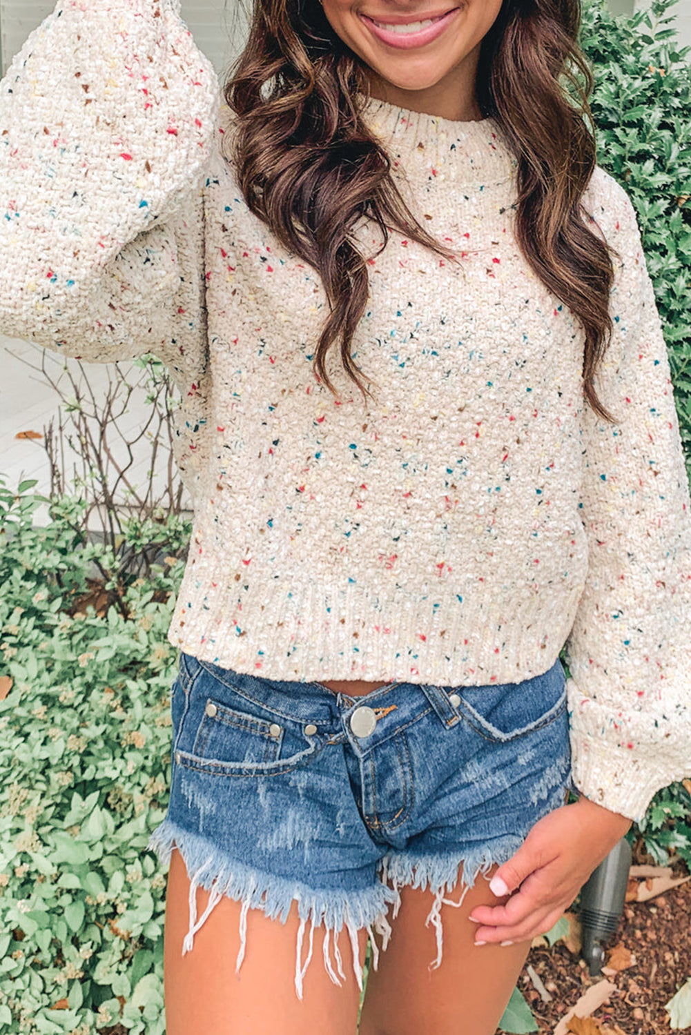 Apricot Confetti Print Long Puff Sleeve Sweater