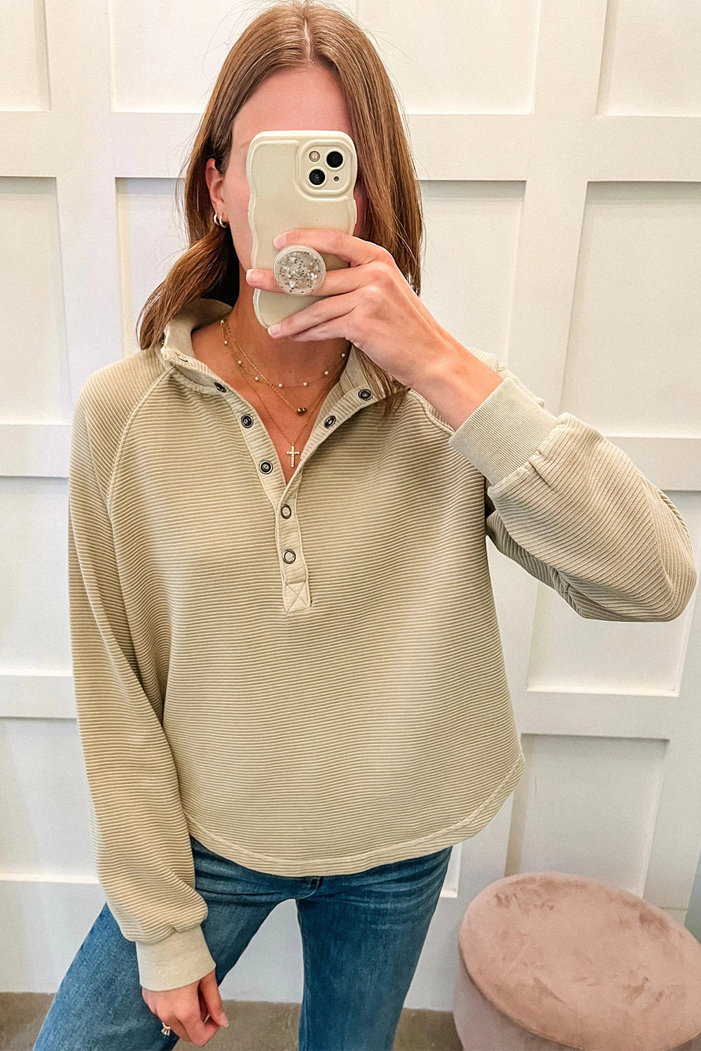 Khaki Stripe Ribbed Texture Raglan Sleeve Half Button Sweatshirt