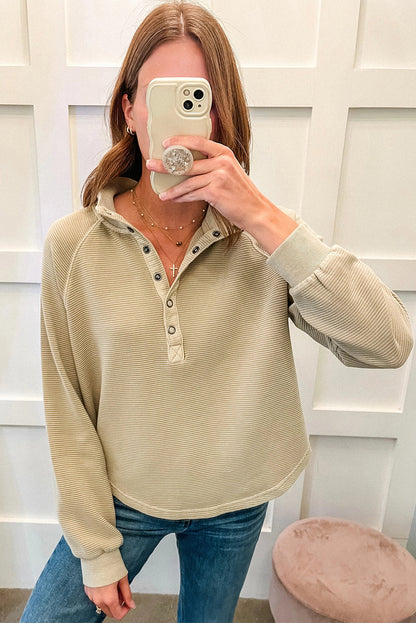 Khaki Stripe Ribbed Texture Raglan Sleeve Half Button Sweatshirt