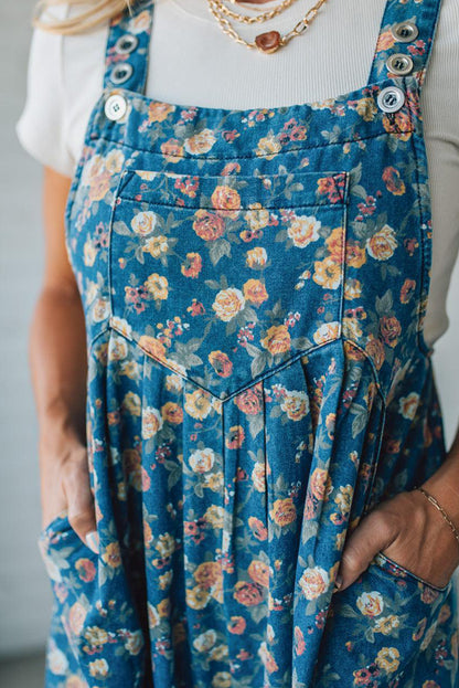 Blue Vintage Rose Printed Pleated Loose Denim Overall Jumpsuit
