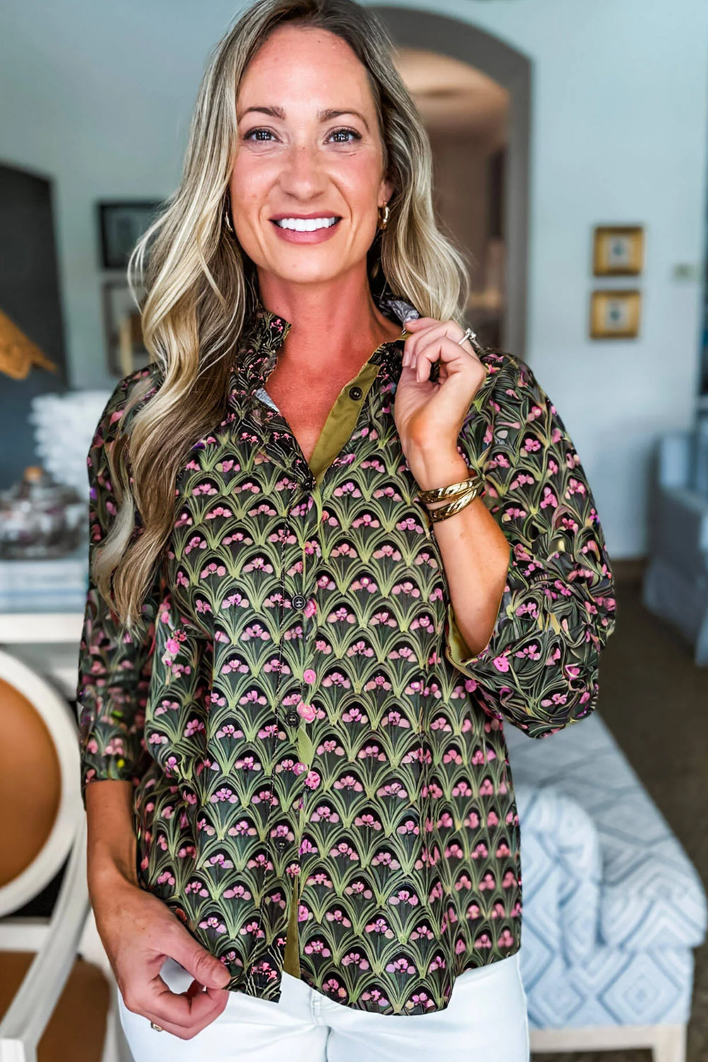 Brown Floral Print Contrast Patchwork Button Down Casual Shirt