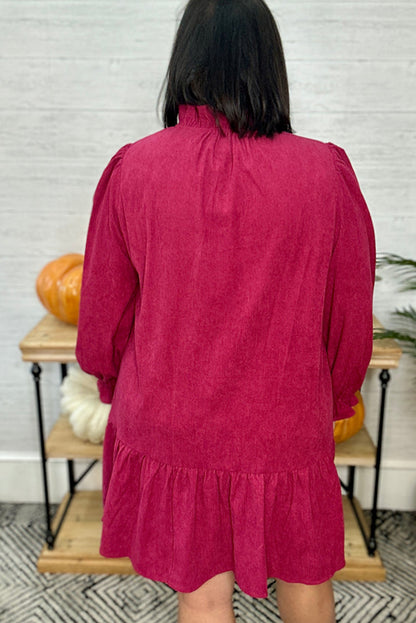 Pitaya Pink Plus Size Frilled V Neck Button Down Long Sleeve Mini Dress