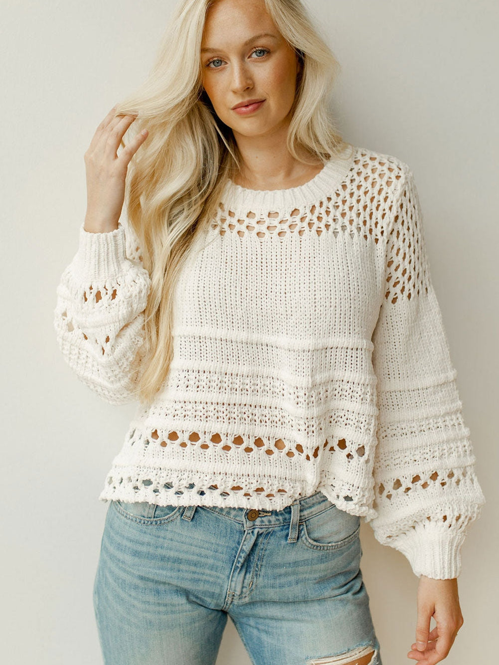 Ivory Pointelle Knit Puff Sleeve Sweater for an Elegant Look