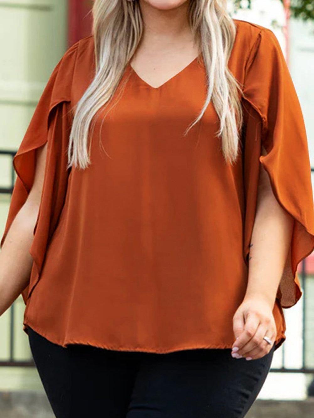 Golden Flame Wrap Sleeve V-Neck Plus Size Blouse