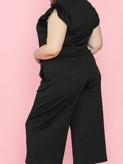 Chic Black Ruffle Sleeve Quarter Zip Top with Wide Leg Pants Set