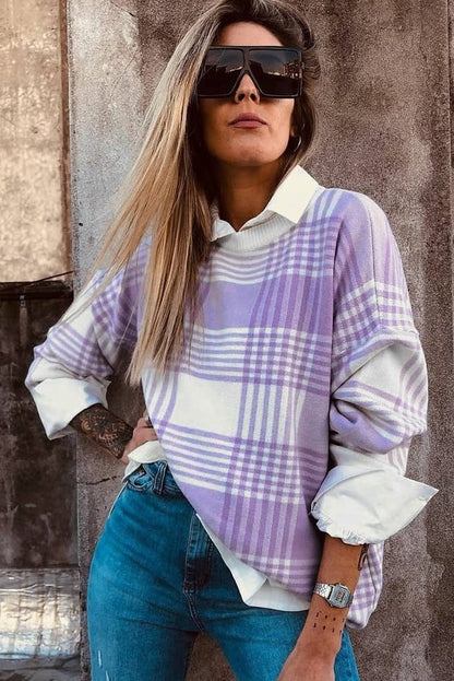 Lilac Plaid Print Ribbed Trim Loose Sweater